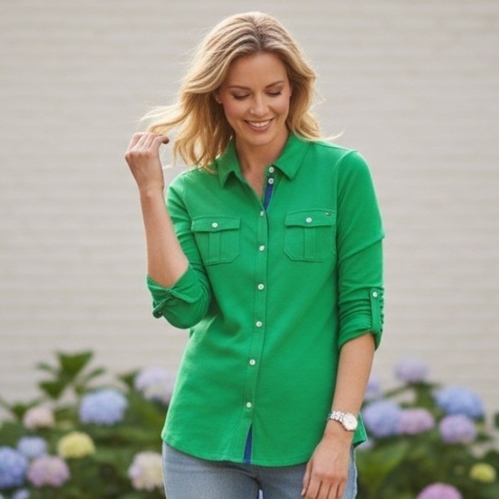 Tommy Hilfiger Women' Small Green Button Down Shirt Roll Tab Sleeve Preppy Class